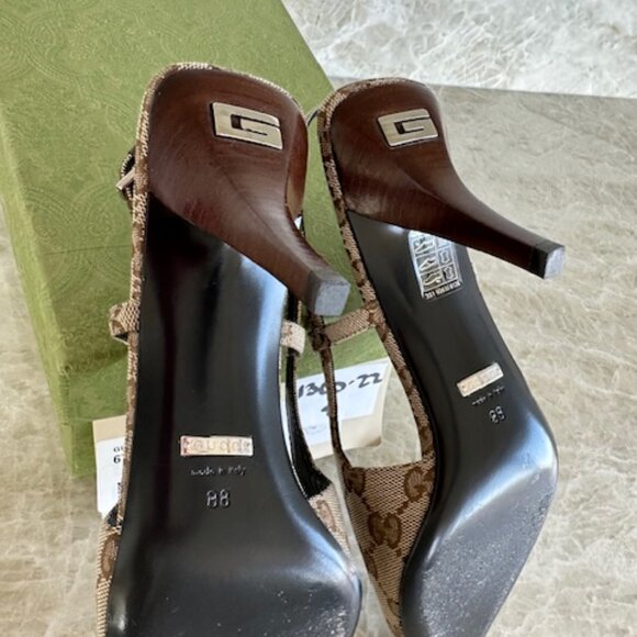 Gucci Aria 76 Monogram Slingback Mules Beige Ebony Sz38 - Picture 8 of 9